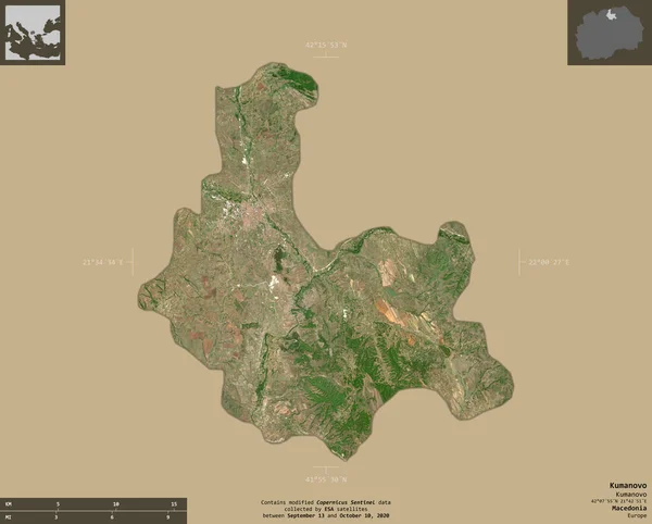 Kumanovo Municipality Macedonia 2号卫星图像 在坚实的背景上与信息覆盖隔离的形状 包含修改后的哥白尼哨兵数据 — 图库照片