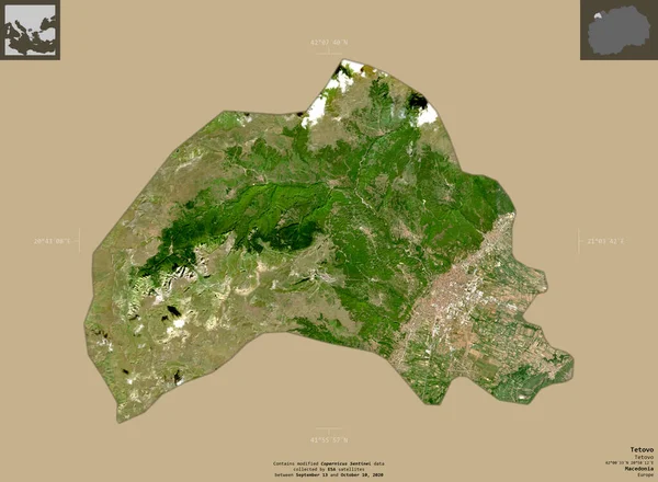 マケドニアの自治体テトヴォ センチネル 2衛星画像 有益なオーバーレイと固体背景に隔離形状 修正されたコペルニクスセンチネルデータが含まれています — ストック写真
