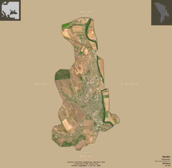 Bender Moldova Şehri Sentinel Uydu Görüntüleri Bilgilendirici Örtülerle Sağlam Arkaplanda — Stok fotoğraf