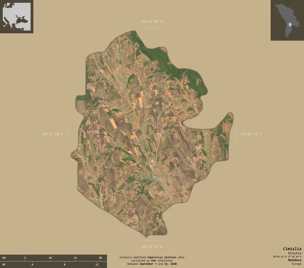シミリア モルドバの地区 センチネル 2衛星画像 有益なオーバーレイと固体背景に隔離形状 修正されたコペルニクスセンチネルデータが含まれています — ストック写真