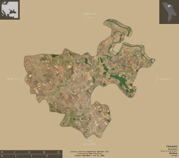 Floresti District Moldova Sentinel Satellite Imagery Shape Isolated Solid Background — Stock Photo, Image