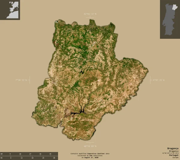 Braganca 葡萄牙区 2号卫星图像 在坚实的背景上与信息覆盖隔离的形状 包含修改后的哥白尼哨兵数据 — 图库照片
