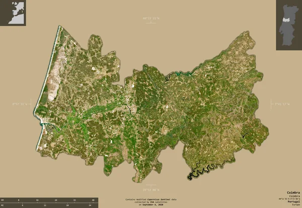 Coimbra Okres Portugalsko Sentinel Satelitní Snímky Tvar Izolovaný Pevném Pozadí — Stock fotografie