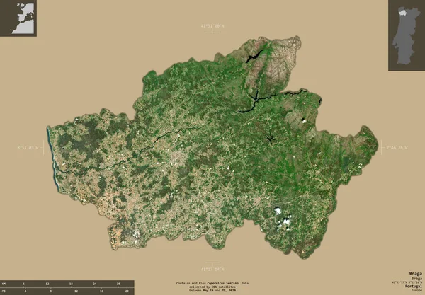 布拉加 葡萄牙区 2号卫星图像 在坚实的背景上与信息覆盖隔离的形状 包含修改后的哥白尼哨兵数据 — 图库照片