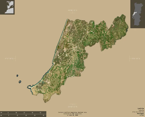 Leiria Distretto Del Portogallo Immagini Satellitari Sentinel Forma Isolata Fondo — Foto Stock
