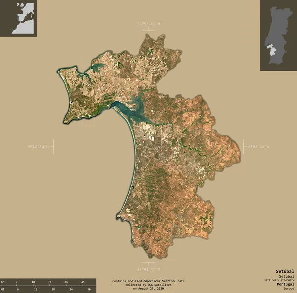 Setubal Portekiz Bölgesi Sentinel Uydu Görüntüleri Bilgilendirici Örtülerle Sağlam Arkaplanda — Stok fotoğraf