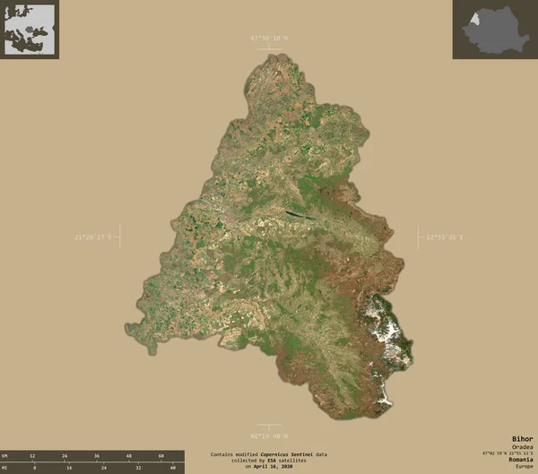 Bihor 罗马尼亚县 2号卫星图像 在坚实的背景上与信息覆盖隔离的形状 包含修改后的哥白尼哨兵数据 — 图库照片