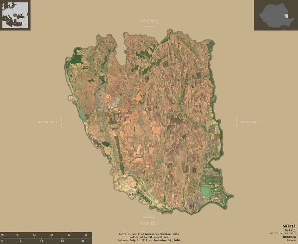 Galati 罗马尼亚县 2号卫星图像 在坚实的背景上与信息覆盖隔离的形状 包含修改后的哥白尼哨兵数据 — 图库照片