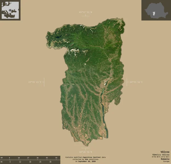 Valcea Rumäniens Län Satellitbilder Från Sentinel Form Isolerad Solid Bakgrund — Stockfoto