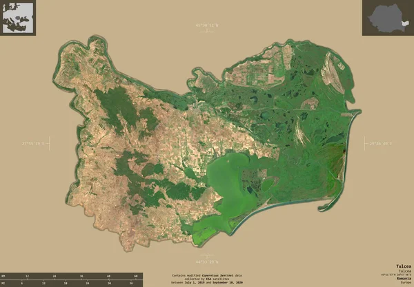 Tulcea 罗马尼亚县 2号卫星图像 在坚实的背景上与信息覆盖隔离的形状 包含修改后的哥白尼哨兵数据 — 图库照片