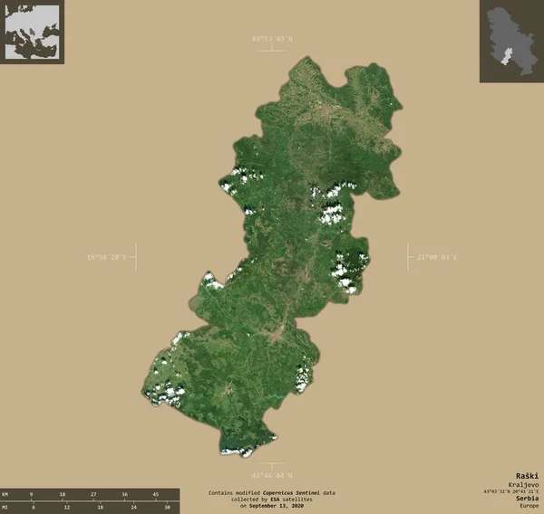 Raski 塞尔维亚区 2号卫星图像 在坚实的背景上与信息覆盖隔离的形状 包含修改后的哥白尼哨兵数据 — 图库照片