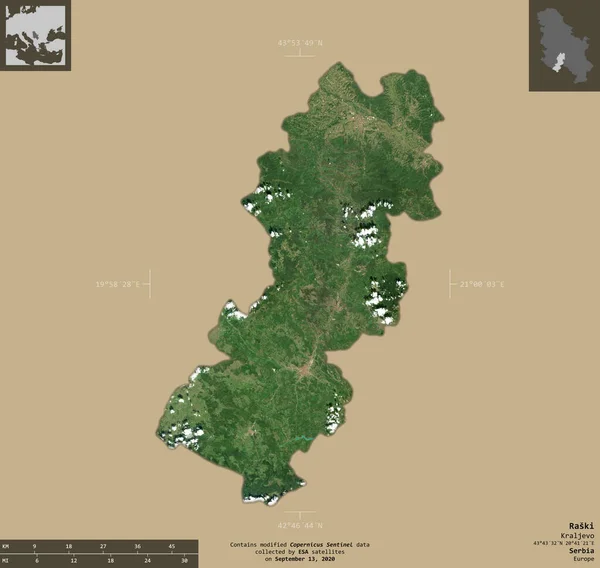 Raski Distrito Serbia Imágenes Satelitales Sentinel Forma Aislada Sobre Fondo —  Fotos de Stock