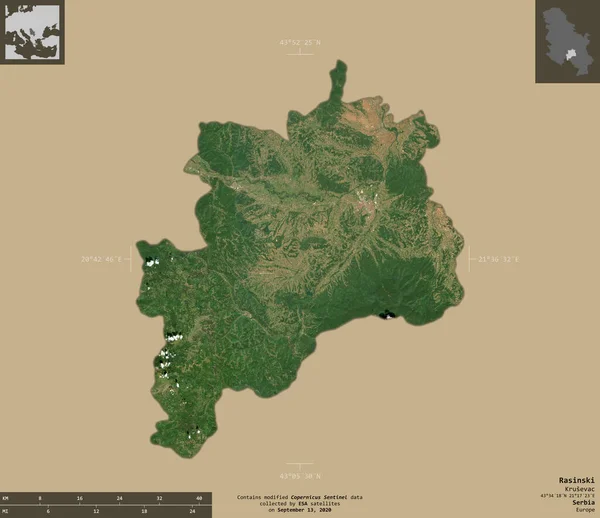 Rasinski 塞尔维亚区 2号卫星图像 在坚实的背景上与信息覆盖隔离的形状 包含修改后的哥白尼哨兵数据 — 图库照片