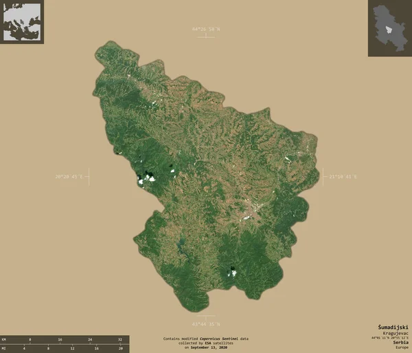 Sumadijski District Serbie Imagerie Satellite Sentinel Forme Isolée Sur Fond — Photo