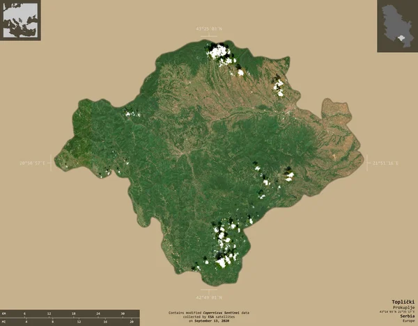 Toplicki Bezirk Von Serbien Satellitenbilder Von Sentinel Form Isoliert Auf — Stockfoto