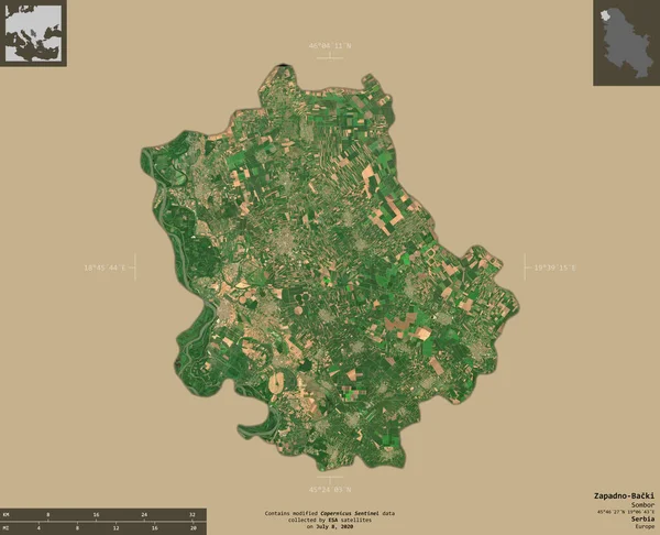 Zapadno Backi Distrito Serbia Imágenes Satelitales Sentinel Forma Aislada Sobre —  Fotos de Stock