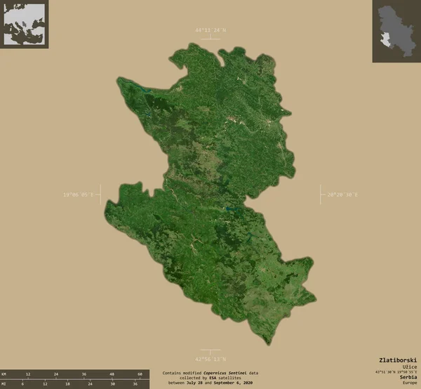 Zlatiborski 塞尔维亚区 2号卫星图像 在坚实的背景上与信息覆盖隔离的形状 包含修改后的哥白尼哨兵数据 — 图库照片