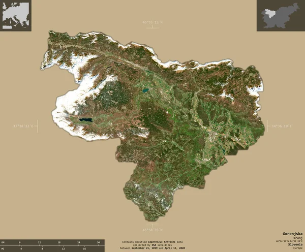 Gorenjska 斯洛文尼亚统计区 2号卫星图像 在坚实的背景上与信息覆盖隔离的形状 包含修改后的哥白尼哨兵数据 — 图库照片
