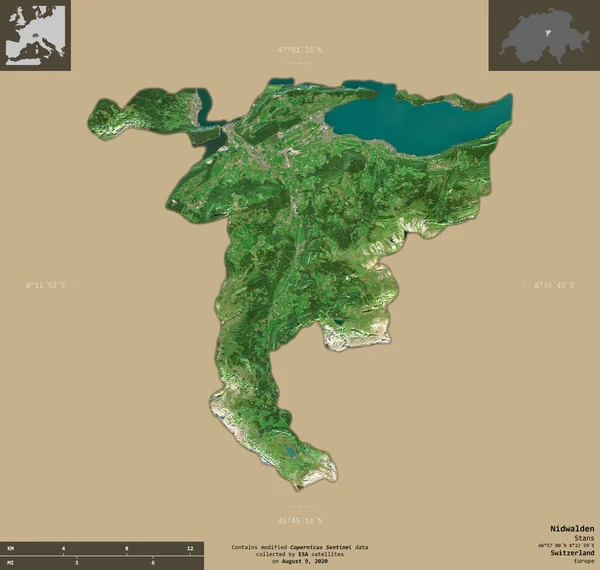 Nidwalden 瑞士州 2号卫星图像 在坚实的背景上与信息覆盖隔离的形状 包含修改后的哥白尼哨兵数据 — 图库照片
