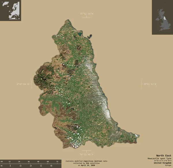 北東部 イギリスの地域 センチネル 2衛星画像 有益なオーバーレイと固体背景に隔離形状 修正されたコペルニクスセンチネルデータが含まれています — ストック写真