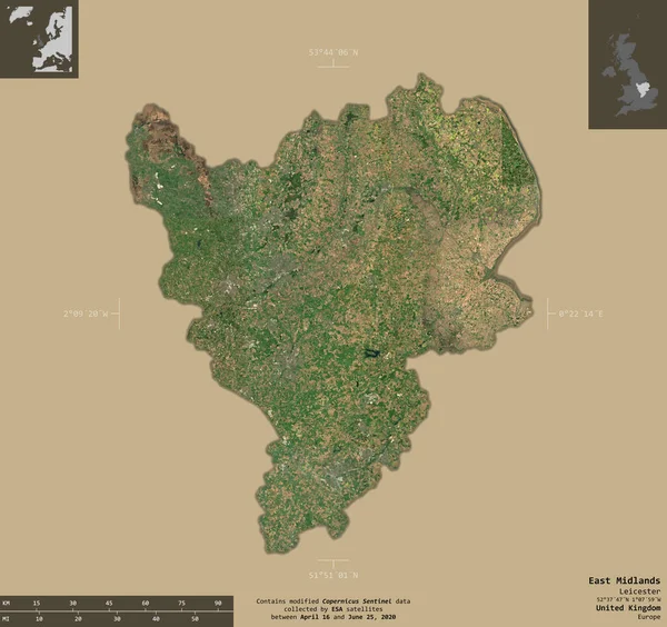 East Midlands Region Vereinigtes Königreich Satellitenbilder Von Sentinel Form Isoliert — Stockfoto