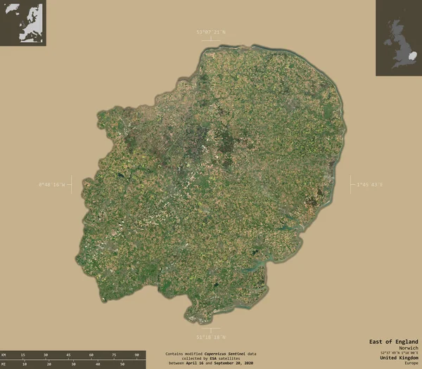 Est Angleterre Région Royaume Uni Imagerie Satellite Sentinel Forme Isolée — Photo