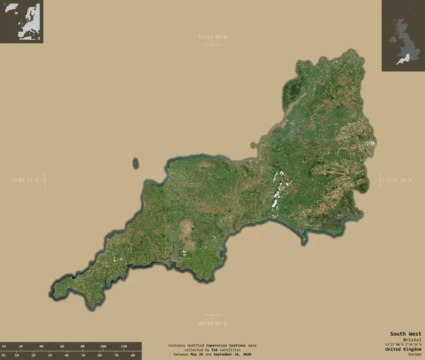 Юго Запад Регион Великобритании Снимки Спутника Сентинел Форма Изолирована Твердом — стоковое фото