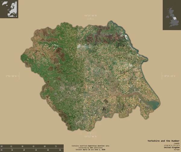 约克郡和亨伯 英国的地区 2号卫星图像 在坚实的背景上与信息覆盖隔离的形状 包含修改后的哥白尼哨兵数据 — 图库照片