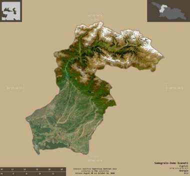 Samegrelo-Zemo Svaneti, Gürcistan bölgesi. Sentinel-2 uydu görüntüleri. Bilgilendirici örtülerle sağlam arkaplanda izole edilmiş şekil. Değiştirilmiş Kopernik Sentinel verileri içerir