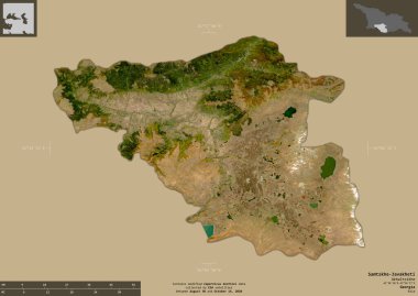 Samtskhe-Javakheti, Gürcistan bölgesi. Sentinel-2 uydu görüntüleri. Bilgilendirici örtülerle sağlam arkaplanda izole edilmiş şekil. Değiştirilmiş Kopernik Sentinel verileri içerir