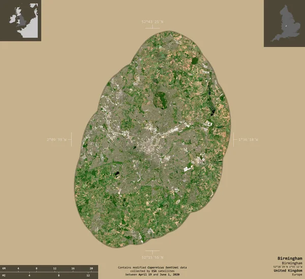 Birmingham Verwaltungsbezirk Von Großbritannien Satellitenbilder Von Sentinel Form Isoliert Auf — Stockfoto