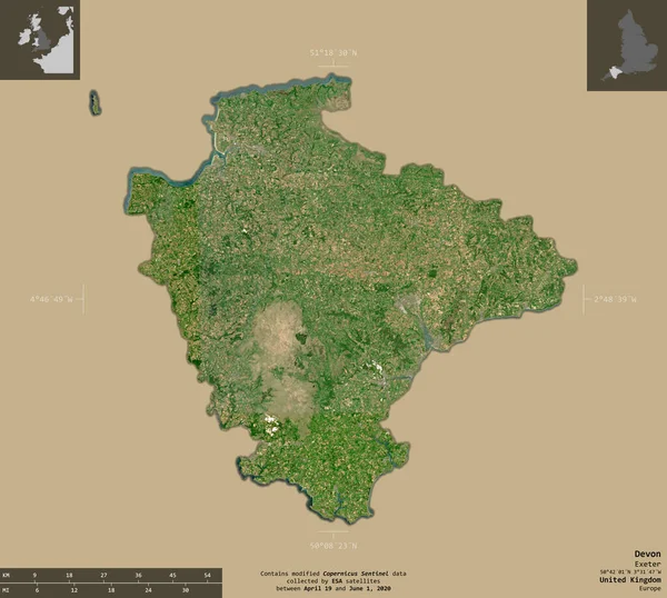德文郡 英国的行政区划 2号卫星图像 在坚实的背景上与信息覆盖隔离的形状 包含修改后的哥白尼哨兵数据 — 图库照片