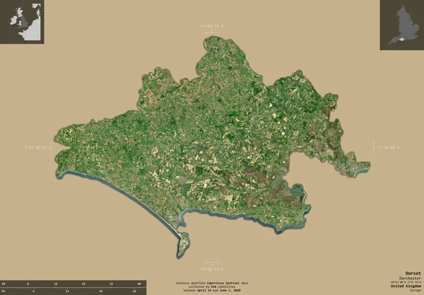 Dorset Birleşik Krallık Idari Ilçesi Sentinel Uydu Görüntüleri Bilgilendirici Örtülerle — Stok fotoğraf