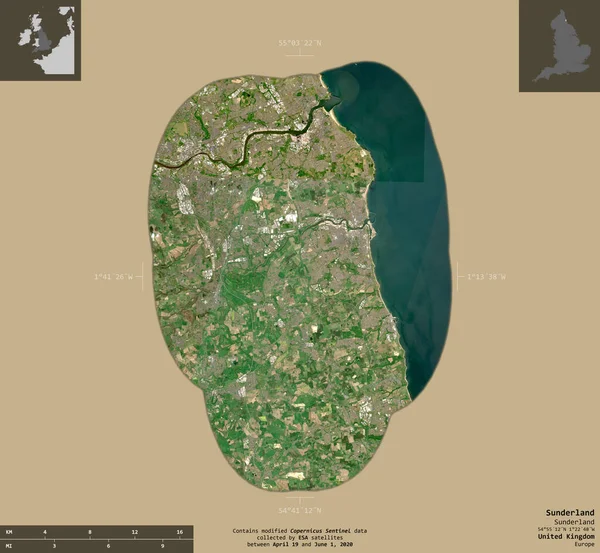 サンダーランド イギリスの統一当局 センチネル 2衛星画像 有益なオーバーレイと固体背景に隔離形状 修正されたコペルニクスセンチネルデータが含まれています — ストック写真