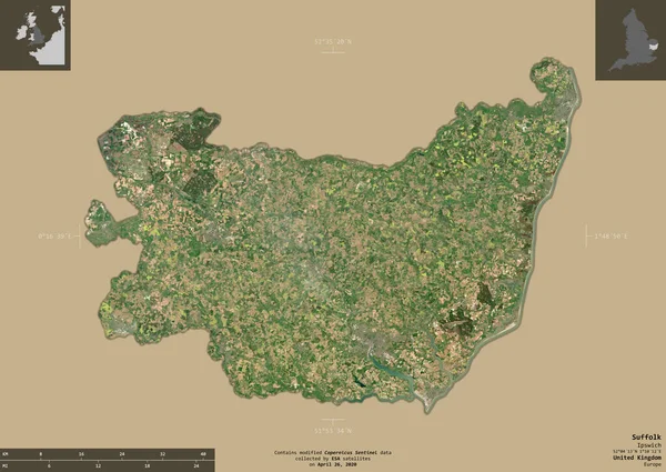 Suffolk Hrabstwo Administracyjne Zjednoczonego Królestwa Zdjęcia Satelitarne Sentinela Kształt Odizolowany — Zdjęcie stockowe