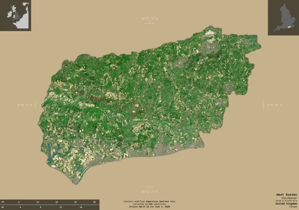 West Sussex Administrative County United Kingdom Sentinel Satellite Imagery Shape — Stock Photo, Image