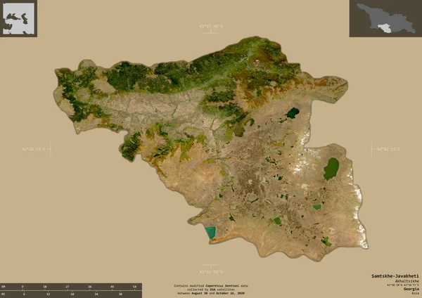 Samtskhe-Javakheti, Gürcistan bölgesi. Sentinel-2 uydu görüntüleri. Bilgilendirici örtülerle sağlam arkaplanda izole edilmiş şekil. Değiştirilmiş Kopernik Sentinel verileri içerir