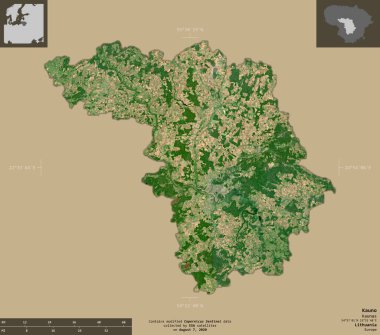 Kauno, Litvanya Bölgesi. Sentinel-2 uydu görüntüleri. Bilgilendirici örtülerle sağlam arkaplanda izole edilmiş şekil. Değiştirilmiş Kopernik Sentinel verileri içerir