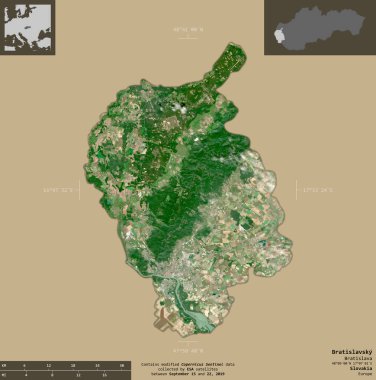 Bratislavsky, Slovakya bölgesi. Sentinel-2 uydu görüntüleri. Bilgilendirici örtülerle sağlam arkaplanda izole edilmiş şekil. Değiştirilmiş Kopernik Sentinel verileri içerir