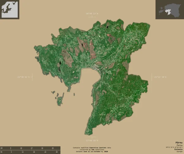 エストニアの郡パルヌ センチネル 2衛星画像 有益なオーバーレイと固体背景に隔離形状 修正されたコペルニクスセンチネルデータが含まれています — ストック写真