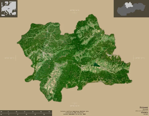 Zilinsky Region Der Slowakei Satellitenbilder Von Sentinel Form Isoliert Auf — Stockfoto