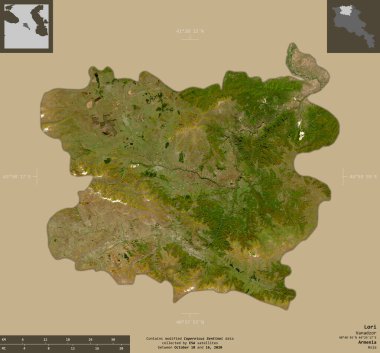 Lori, Ermenistan vilayeti. Sentinel-2 uydu görüntüleri. Bilgilendirici örtülerle sağlam arkaplanda izole edilmiş şekil. Değiştirilmiş Kopernik Sentinel verileri içerir