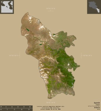 Syunik, Ermenistan vilayeti. Sentinel-2 uydu görüntüleri. Bilgilendirici örtülerle sağlam arkaplanda izole edilmiş şekil. Değiştirilmiş Kopernik Sentinel verileri içerir