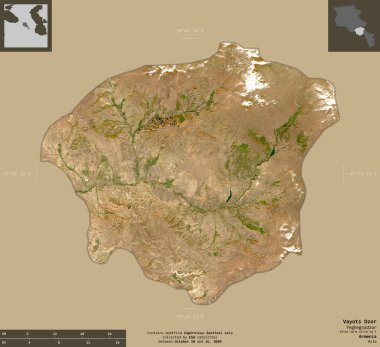 Vayots Dzor, Ermenistan ili. Sentinel-2 uydu görüntüleri. Bilgilendirici örtülerle sağlam arkaplanda izole edilmiş şekil. Değiştirilmiş Kopernik Sentinel verileri içerir
