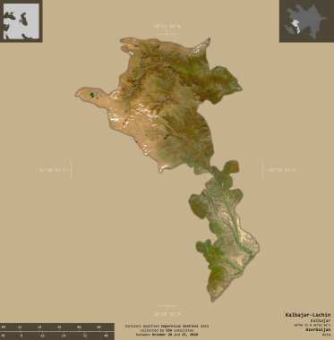 Kalbajar-Lachin, Azerbaycan bölgesi. Sentinel-2 uydu görüntüleri. Bilgilendirici örtülerle sağlam arkaplanda izole edilmiş şekil. Değiştirilmiş Kopernik Sentinel verileri içerir