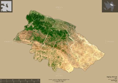Daglig-Shirvan, Azerbaycan bölgesi. Sentinel-2 uydu görüntüleri. Bilgilendirici örtülerle sağlam arkaplanda izole edilmiş şekil. Değiştirilmiş Kopernik Sentinel verileri içerir