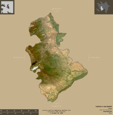 Yukhari-Karabağ, Azerbaycan bölgesi. Sentinel-2 uydu görüntüleri. Bilgilendirici örtülerle sağlam arkaplanda izole edilmiş şekil. Değiştirilmiş Kopernik Sentinel verileri içerir