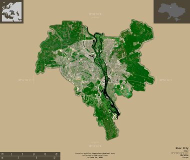 Kiev City, Ukrayna bölgesi. Sentinel-2 uydu görüntüleri. Bilgilendirici örtülerle sağlam arkaplanda izole edilmiş şekil. Değiştirilmiş Kopernik Sentinel verileri içerir