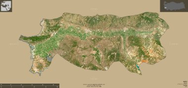 Aydın 'ın Aydın ilçesi. Sentinel-2 uydu görüntüleri. Bilgilendirici örtülerle sağlam arkaplanda izole edilmiş şekil. Değiştirilmiş Kopernik Sentinel verileri içerir