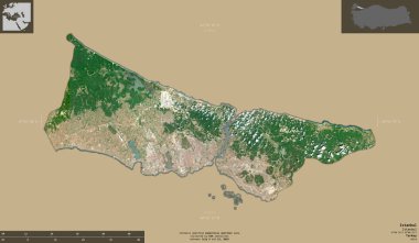 İstanbul, Türkiye ili. Sentinel-2 uydu görüntüleri. Bilgilendirici örtülerle sağlam arkaplanda izole edilmiş şekil. Değiştirilmiş Kopernik Sentinel verileri içerir